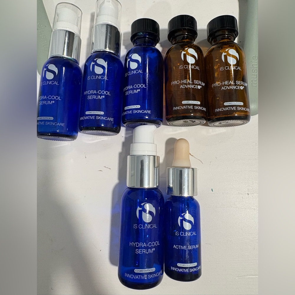 iS Clinical Hydra-cool pro-heal serum and active serum bottles